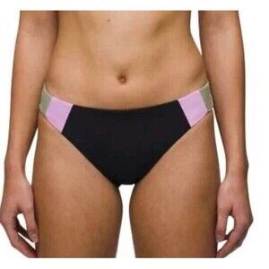 Prana New Large Tulum Swim Bikini‎ Bottom Black Green Pink Color Block MId RIse
